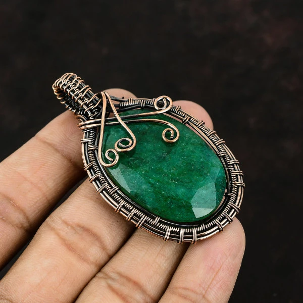 Zambian Emerald Oval Green Handmade Copper Wire Wrapped Pendant