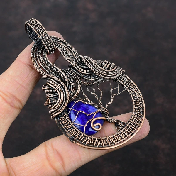 Blue Sapphire Pear Blue Handmade Copper Wire Wrapped Pendant