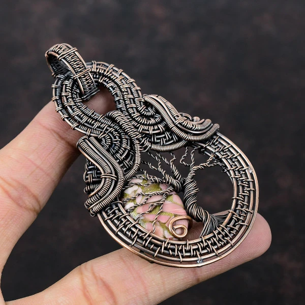Copper Pink Opal Oval Pink Handmade Copper Wire Wrapped Pendant