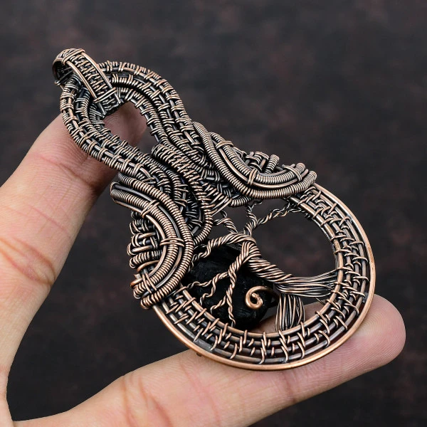 Black Tourmaline Rough Pear Black Handmade Copper Wire Wrapped Pendant
