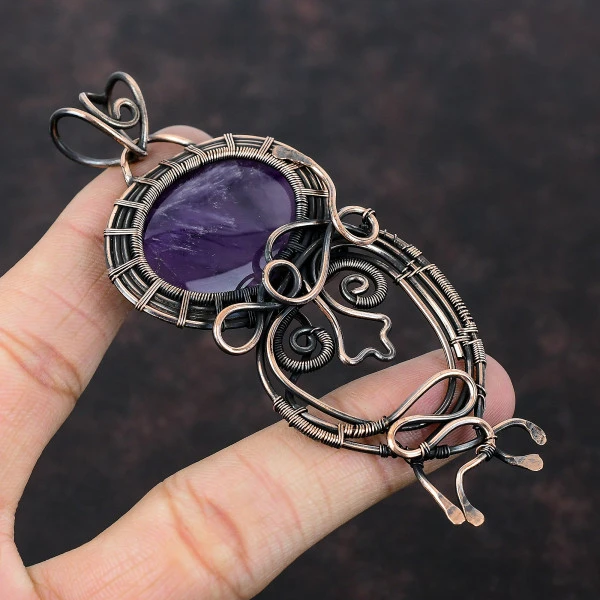 African Amethyst Oval Purple Handmade Copper Wire Wrapped Pendant