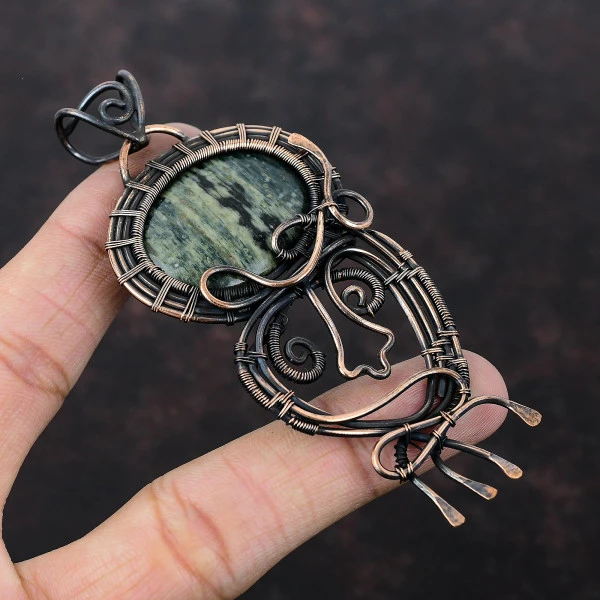Ocean Jasper Oval Green Handmade Copper Wire Wrapped Pendant