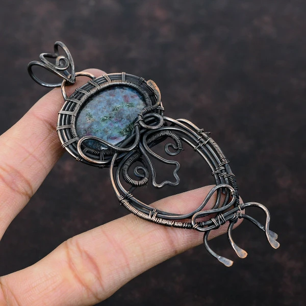 Ruby In Blue Kyanite Oval Blue Handmade Copper Wire Wrapped Pendant