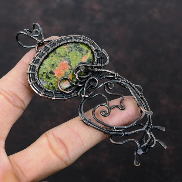 Unakite Oval Green Handmade Copper Wire Wrapped Pendant