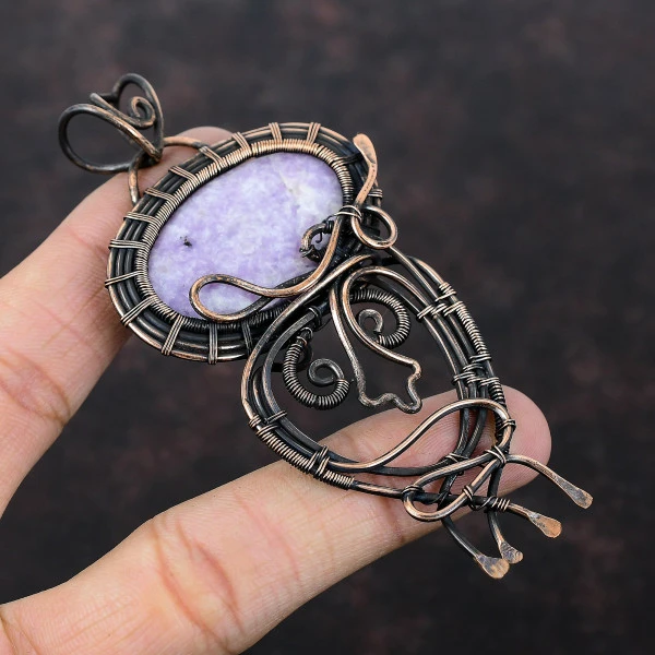 Lepidolite Oval Purple Handmade Copper Wire Wrapped Pendant