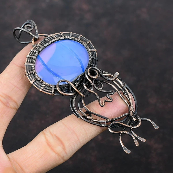 Milky Opal Oval White Handmade Copper Wire Wrapped Pendant
