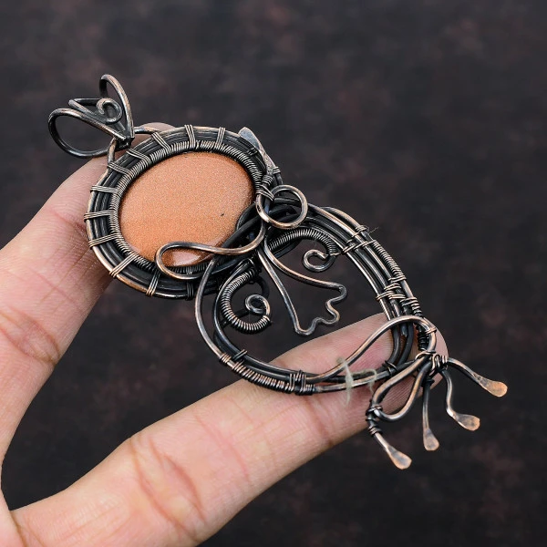Sun Sitara Oval Orange Handmade Copper Wire Wrapped Pendant