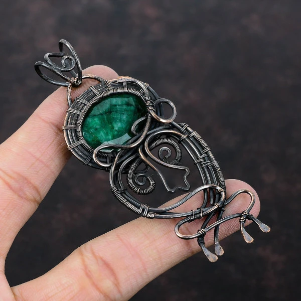 Zambian Emerald Oval Green Handmade Copper Wire Wrapped Pendant