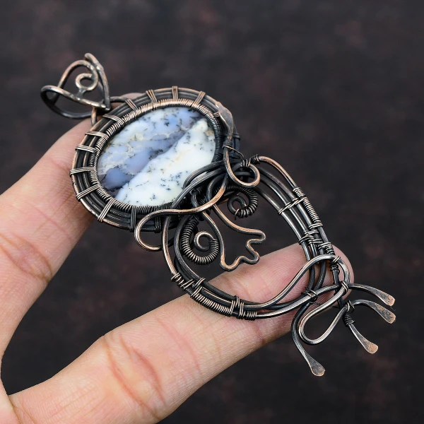 Dendrite Opal Oval White Handmade Copper Wire Wrapped Pendant