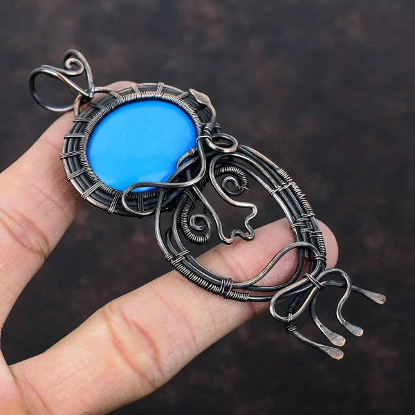 Sleeping Beauty Turquoise Oval Blue Handmade Copper Wire Wrapped Pendant