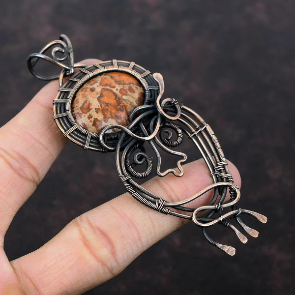 Asteroid Jasper Oval Orange Handmade Copper Wire Wrapped Pendant