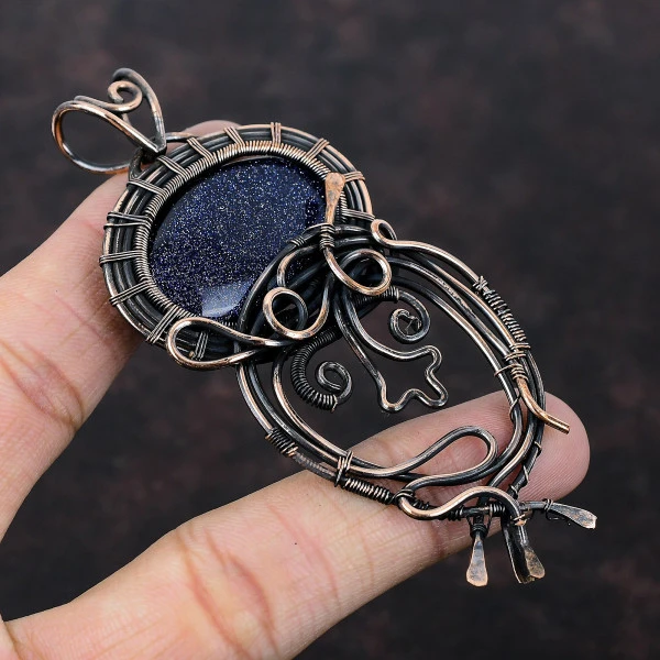 Blue Sunstone Oval Blue Handmade Copper Wire Wrapped Pendant