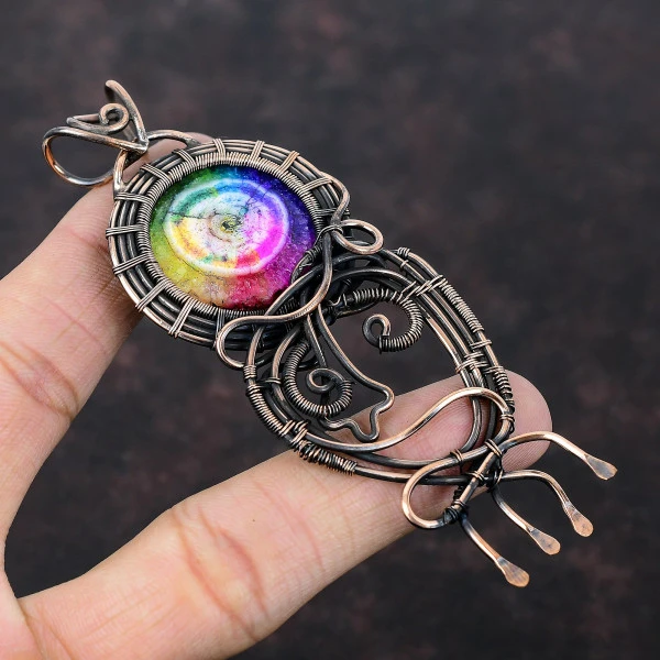 Rainbow Solar Quartz Druzy Round Pink Handmade Copper Wire Wrapped Pendant