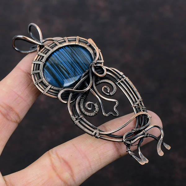 Labradorite Oval Gray Handmade Copper Wire Wrapped Pendant