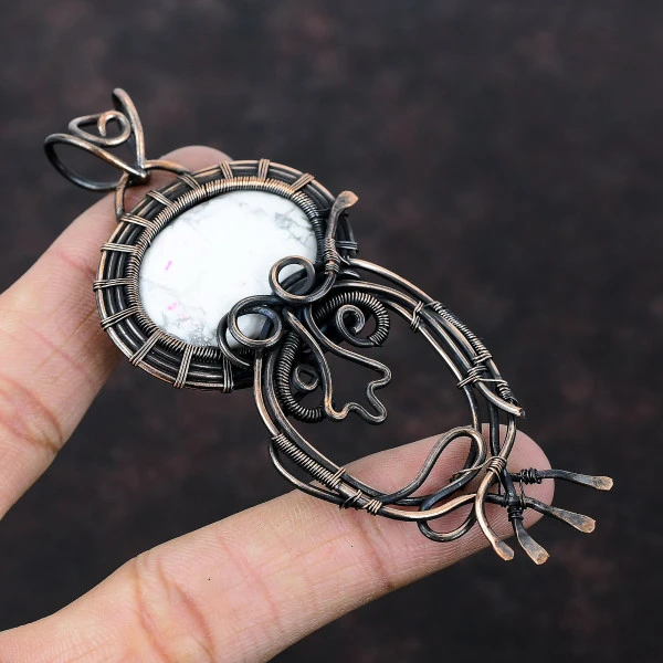Howlite Oval White Handmade Copper Wire Wrapped Pendant
