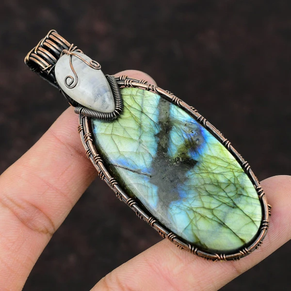 Labradorite Oval Gray Handmade Copper Wire Wrapped Pendant