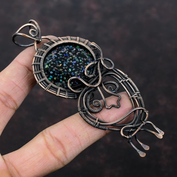 Black Ethiopian Opal Oval Black Handmade Copper Wire Wrapped Pendant