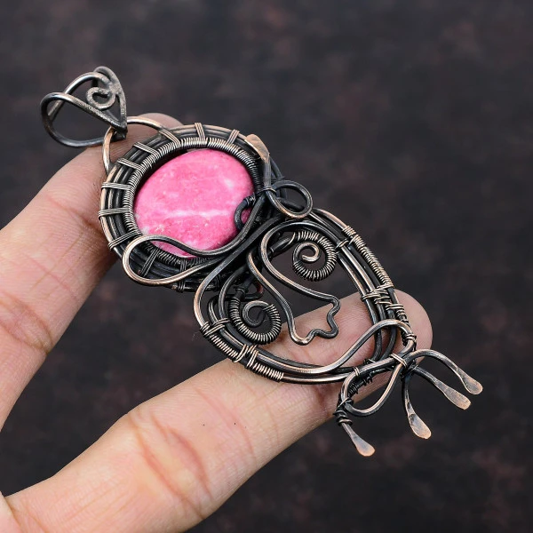 Thulite Oval Pink Handmade Copper Wire Wrapped Pendant