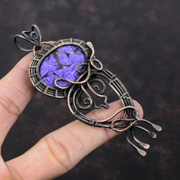 Copper Charoite Oval Purple Handmade Copper Wire Wrapped Pendant