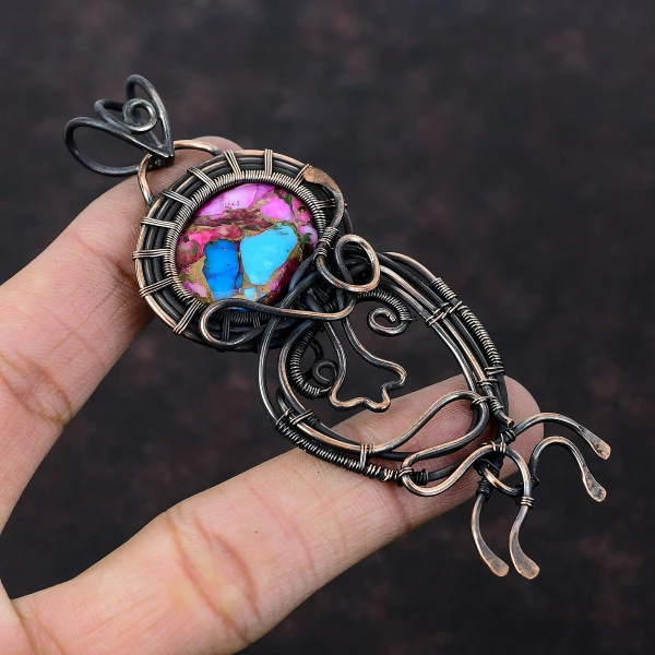 Natural Kingman Pink Dahlia Turquoise Oval Pink Handmade Copper Wire Wrapped Pendant