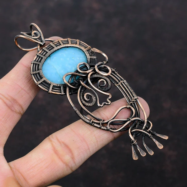 Hemimorphite Oval Blue Handmade Copper Wire Wrapped Pendant