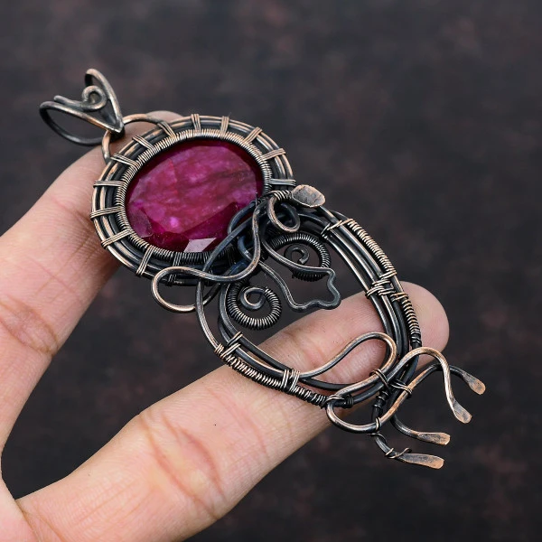 Kashmir Ruby Oval Red Handmade Copper Wire Wrapped Pendant