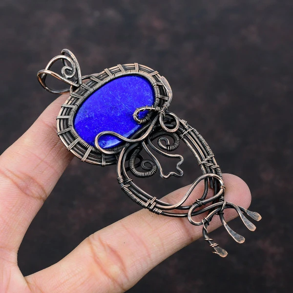 Lapis Lazuli Oval Blue Handmade Copper Wire Wrapped Pendant