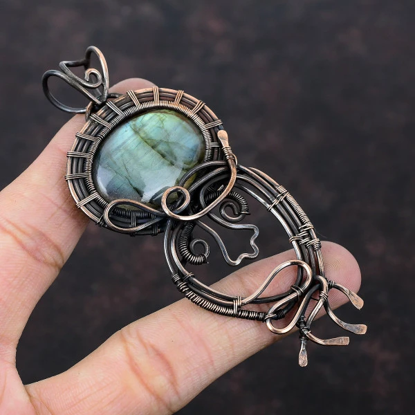 Labradorite Oval Gray Handmade Copper Wire Wrapped Pendant