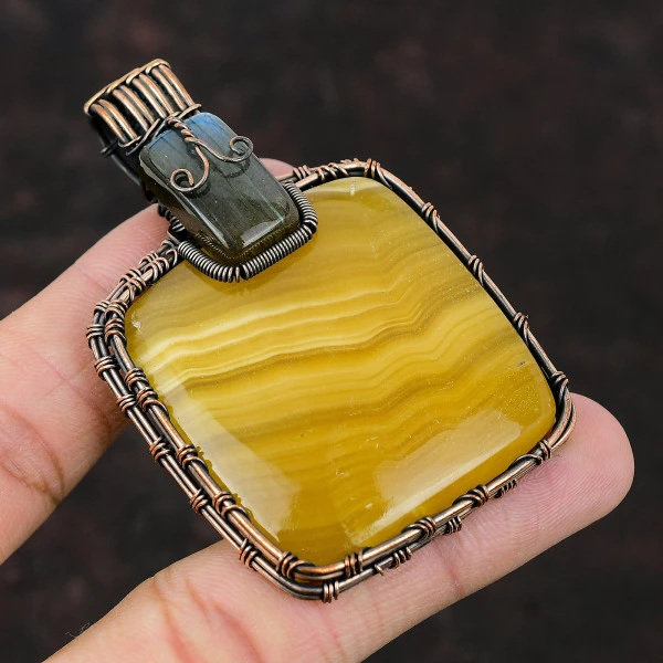 Yellow Lace Agate Radiant Yellow Handmade Copper Wire Wrapped Pendant