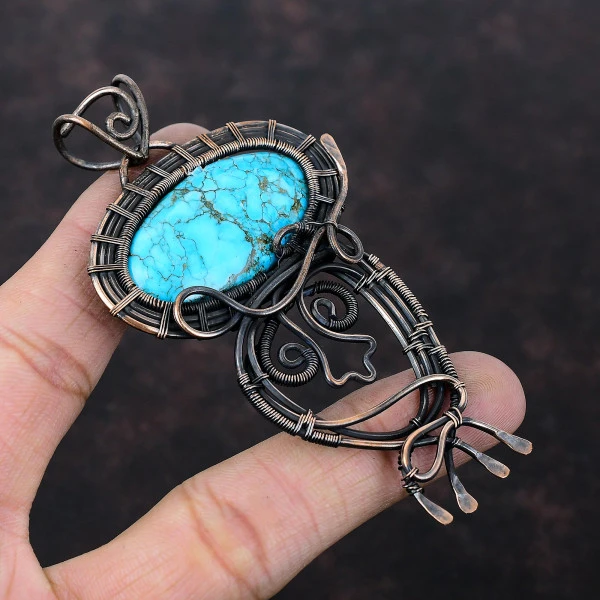 Tibetan Turquoise Oval Blue Handmade Copper Wire Wrapped Pendant