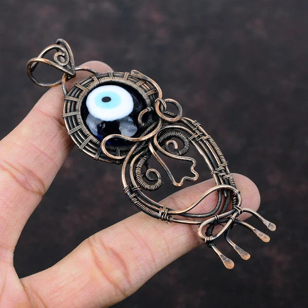Blue Color Evil Eye Round Blue Handmade Copper Wire Wrapped Pendant