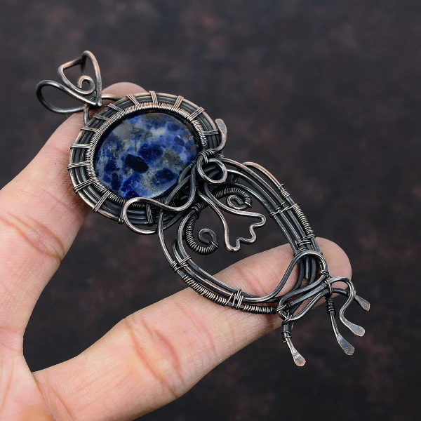 Sodalite  Oval Blue Handmade Copper Wire Wrapped Pendant