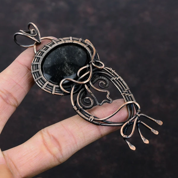 Silver Sheen Obsidian Oval Black Handmade Copper Wire Wrapped Pendant
