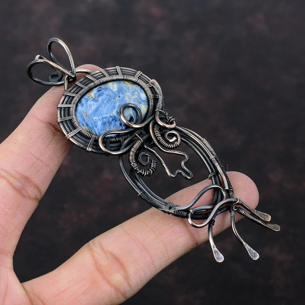 Pietersite Oval Blue Handmade Copper Wire Wrapped Pendant