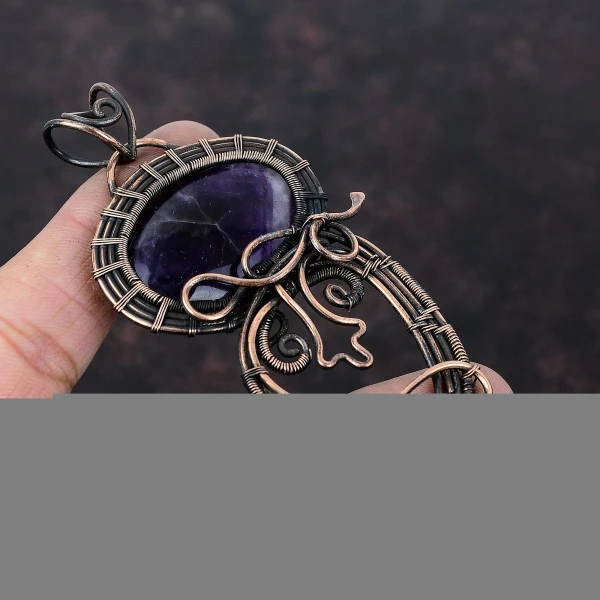 Chevron Amethyst Oval Purple Handmade Copper Wire Wrapped Pendant