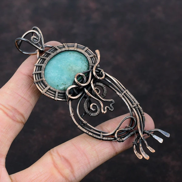 Amazonite Oval Green Handmade Copper Wire Wrapped Pendant