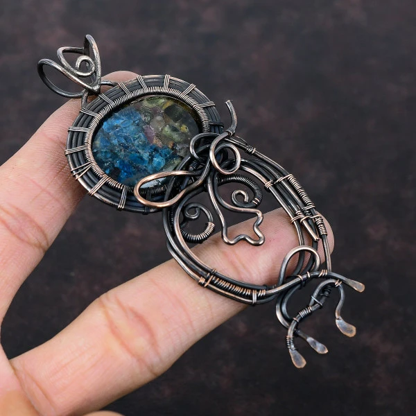 Watermelon Tourmaline Oval Blue Handmade Copper Wire Wrapped Pendant