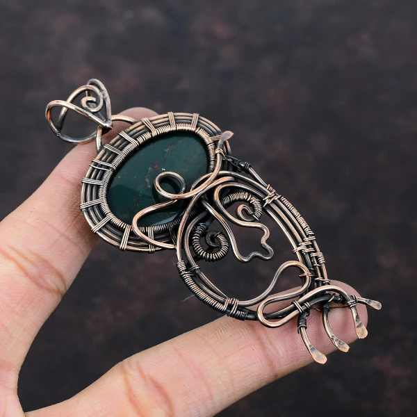 Bloodstone Oval Green Handmade Copper Wire Wrapped Pendant