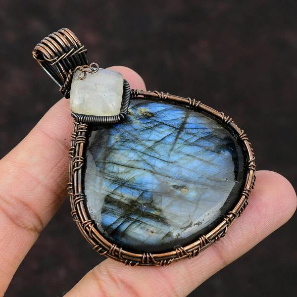Labradorite Pear Gray Handmade Copper Wire Wrapped Pendant