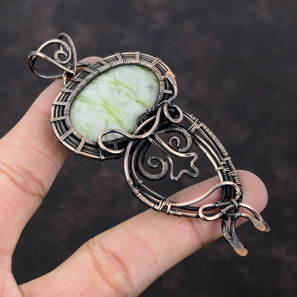 Green Aragonite Oval Green Handmade Copper Wire Wrapped Pendant
