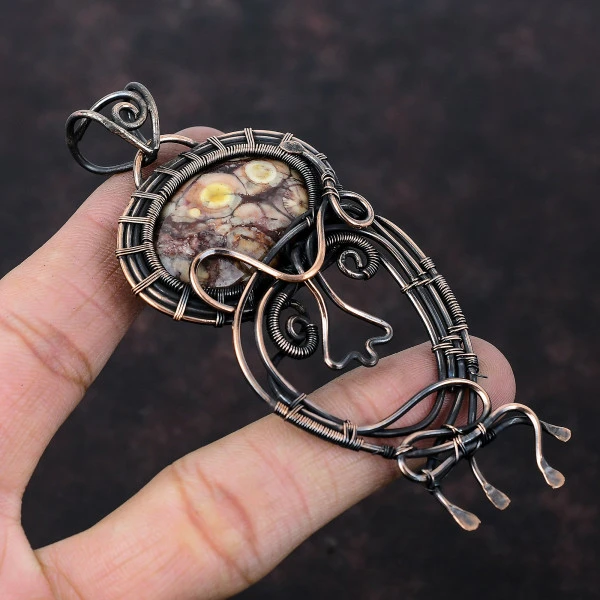 Birds Eye Jasper Oval Brown Handmade Copper Wire Wrapped Pendant