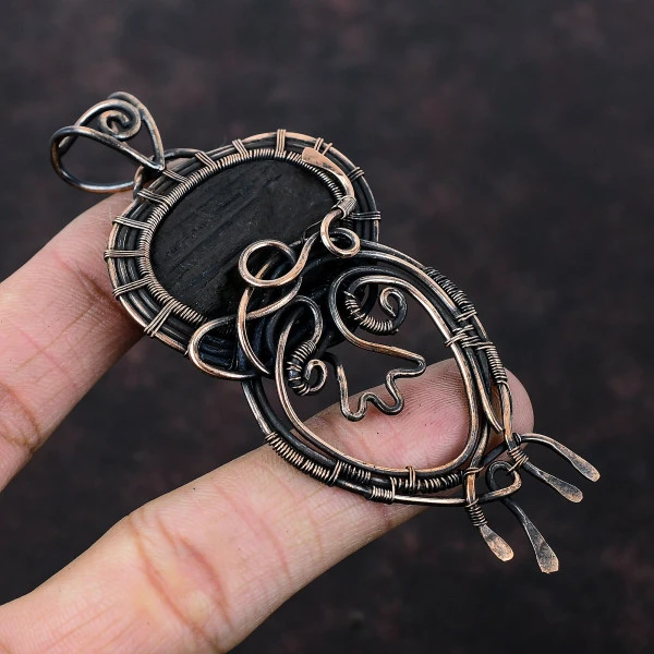 Black Tourmaline Rough Oval Black Handmade Copper Wire Wrapped Pendant