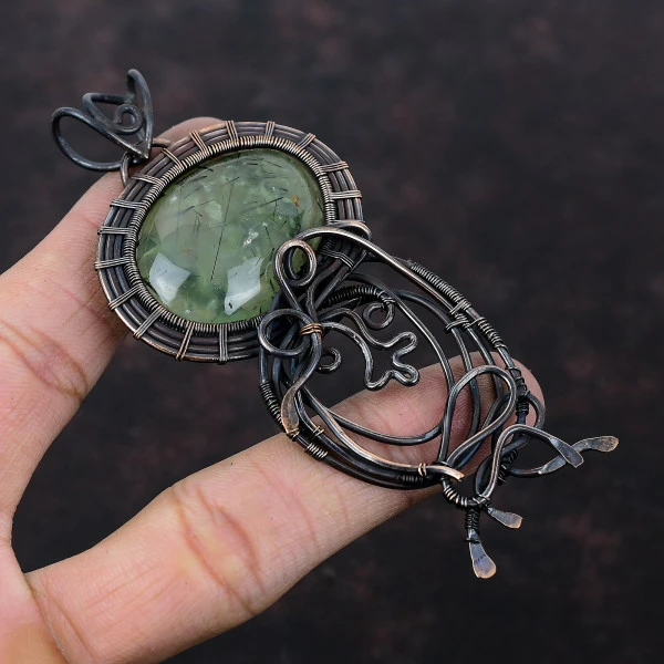 Moss Prehnite Oval Green Handmade Copper Wire Wrapped Pendant