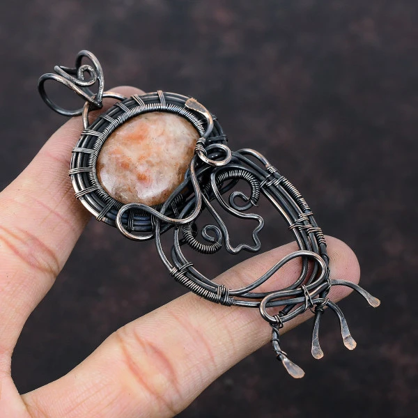 Sunstone Oval Orange Handmade Copper Wire Wrapped Pendant