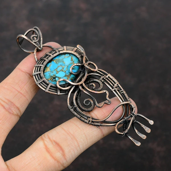 Copper Blue Turquoise Oval Blue Handmade Copper Wire Wrapped Pendant