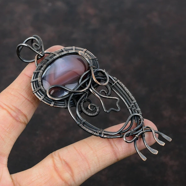 Botswana Agate Oval Red Handmade Copper Wire Wrapped Pendant