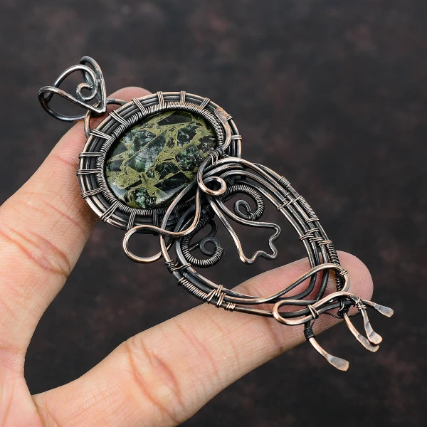 Copper Seraphinite Oval Green Handmade Copper Wire Wrapped Pendant