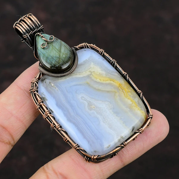 Blue Lace Agate Radiant Blue Handmade Copper Wire Wrapped Pendant