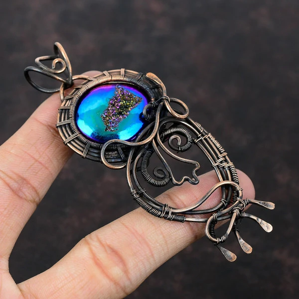 Titanium Druzy Oval Blue Handmade Copper Wire Wrapped Pendant