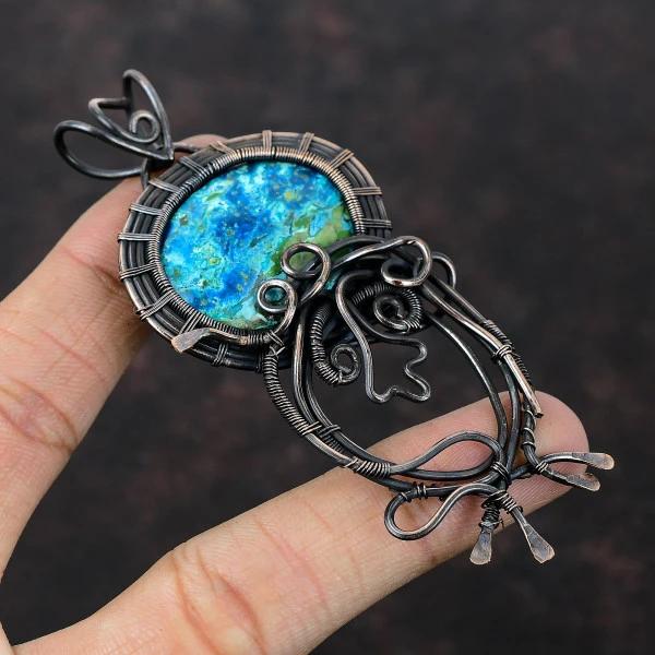 Shattuckite Oval Blue Handmade Copper Wire Wrapped Pendant